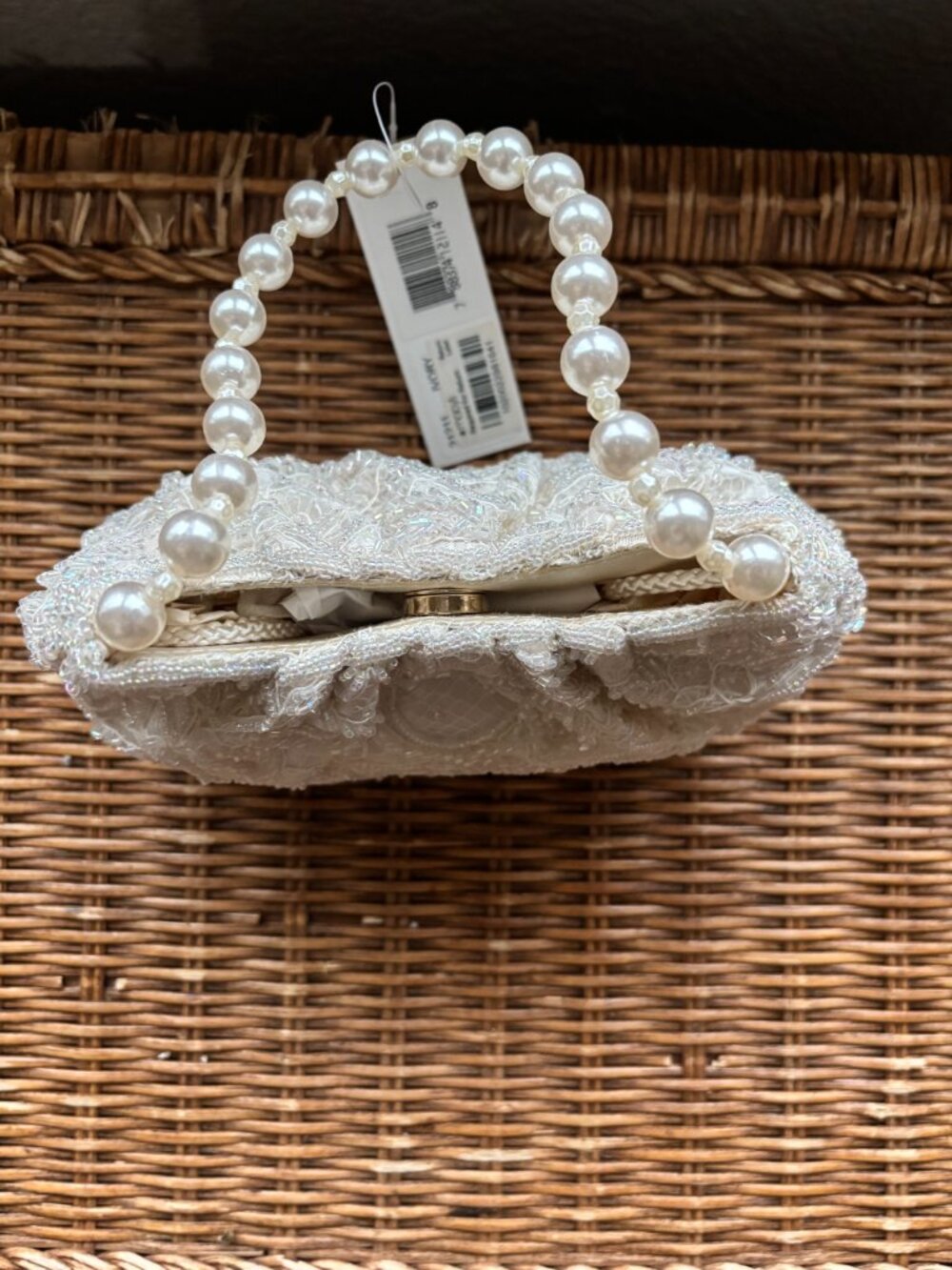 La Regale Crystal Bead Ivory Sequined Hand Bag Pearl Handle NWT - Picture 5 of 5